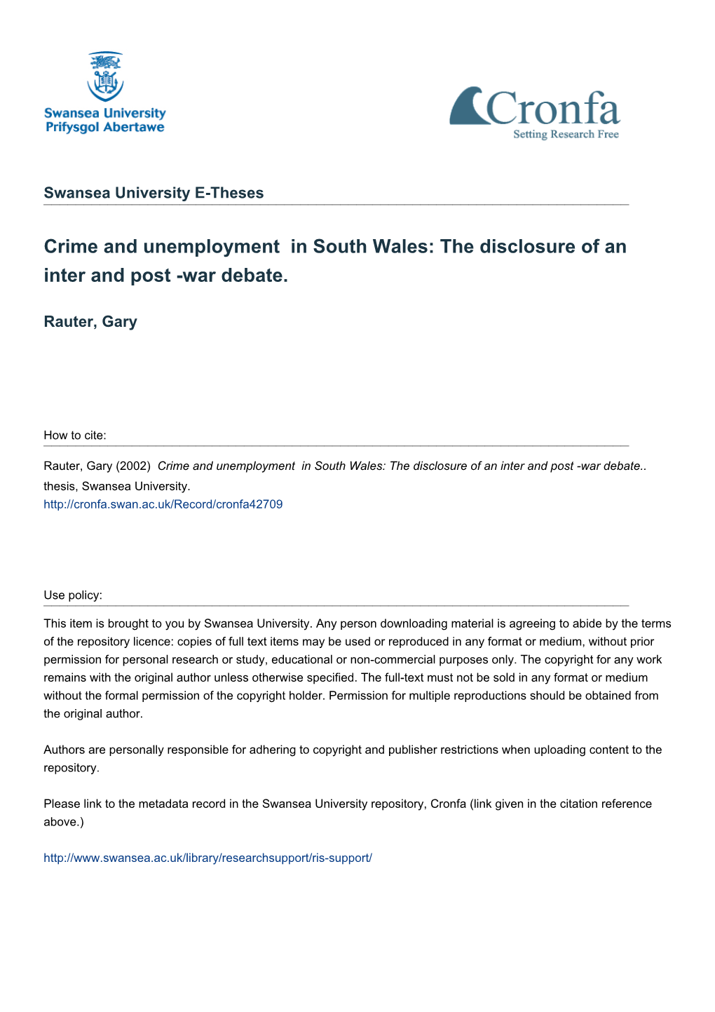 Crime and Unemployment in South Wales: the Disclosure of an Inter and Post -War Debate