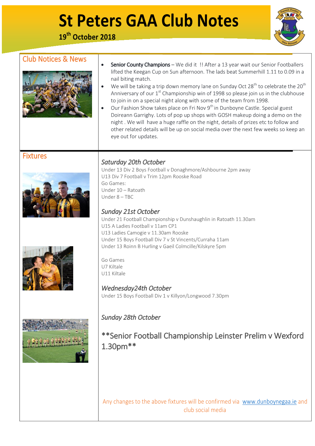 St Peters GAA Club Notes #] Th 19 October 2018