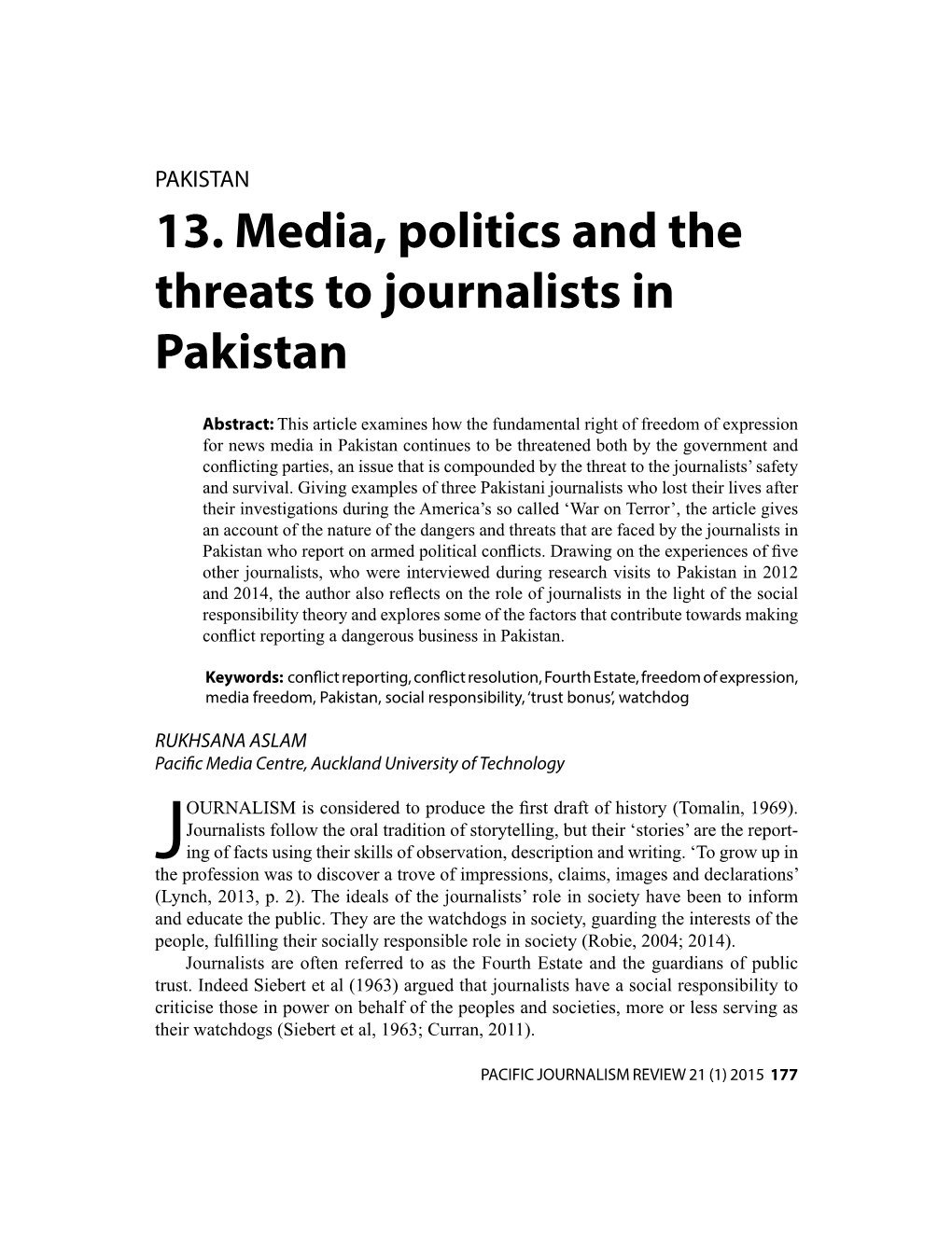 13. Media, Politics and the Threats to Journalists in Pakistan