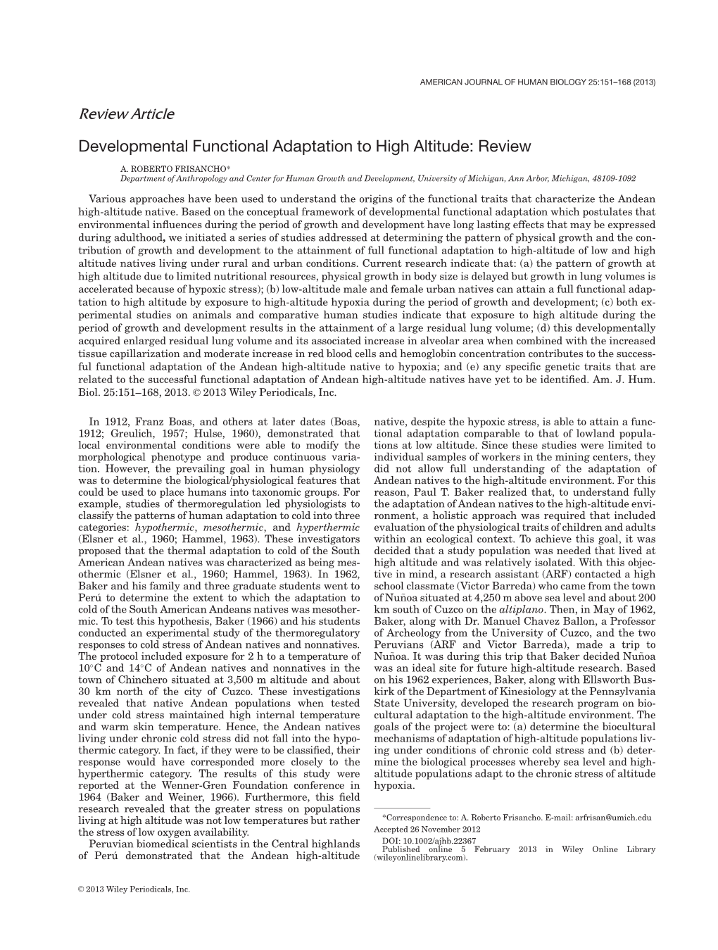 Developmental Functional Adaptation to High Altitude: Review