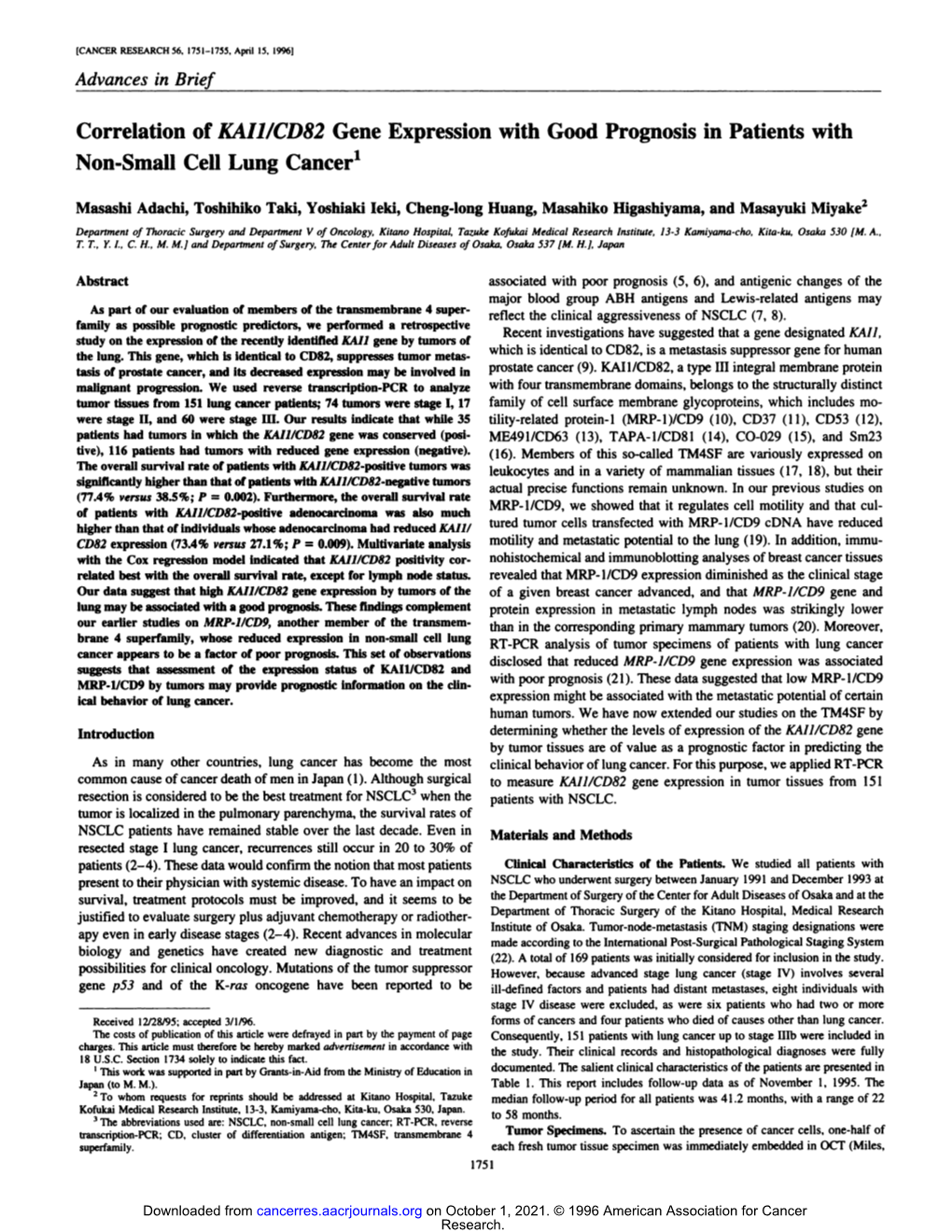 Correlation of KAI1/CD82 Gene Expression with Good Prognosis in Patients with Non-Small Cell Lung Cancer1