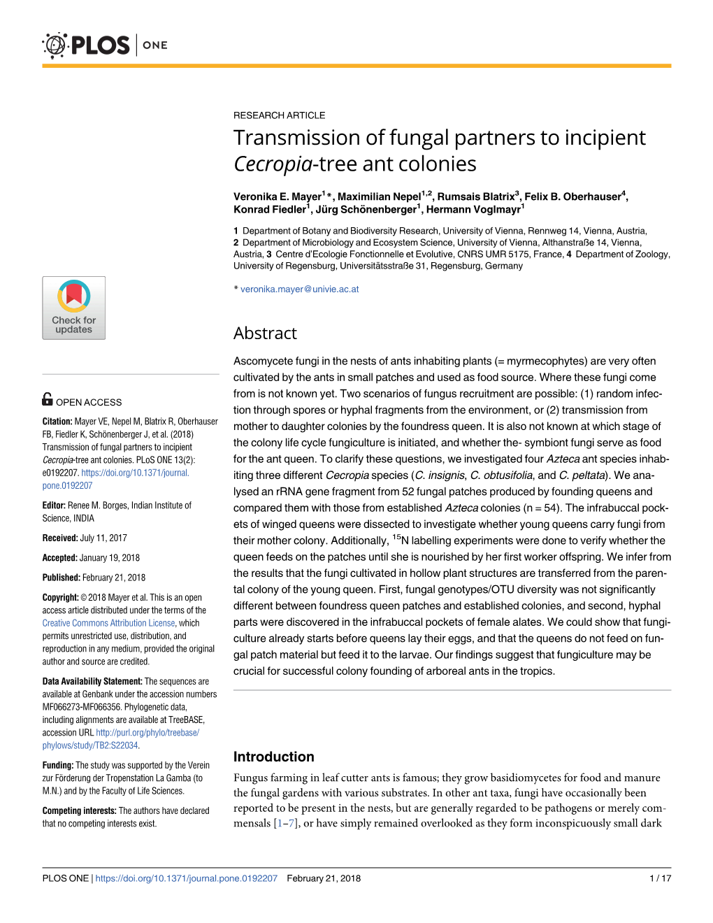 Transmission of Fungal Partners to Incipient Cecropia-Tree Ant Colonies