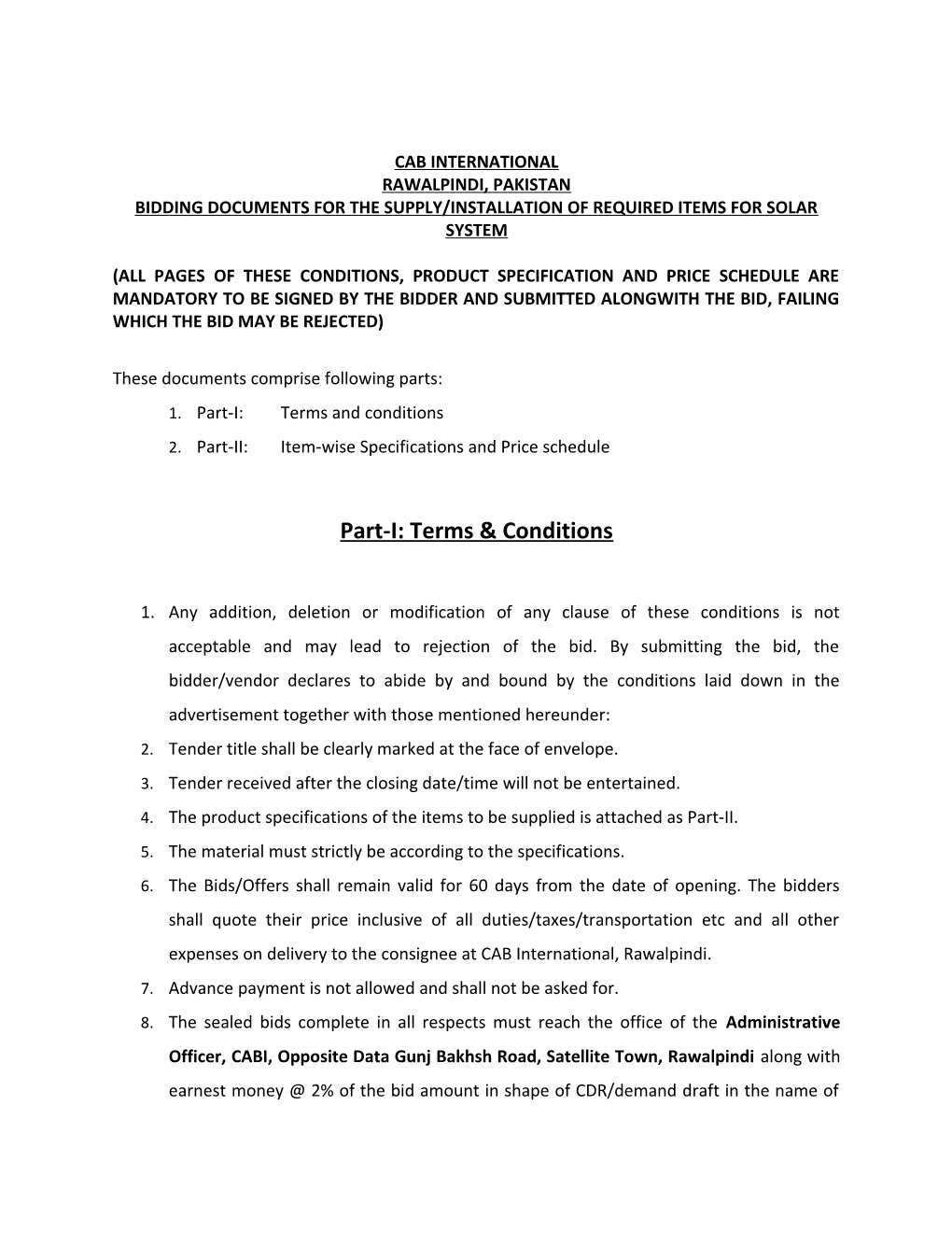 Bidding Documents for the Supply/Installation of Required Items for Solar System