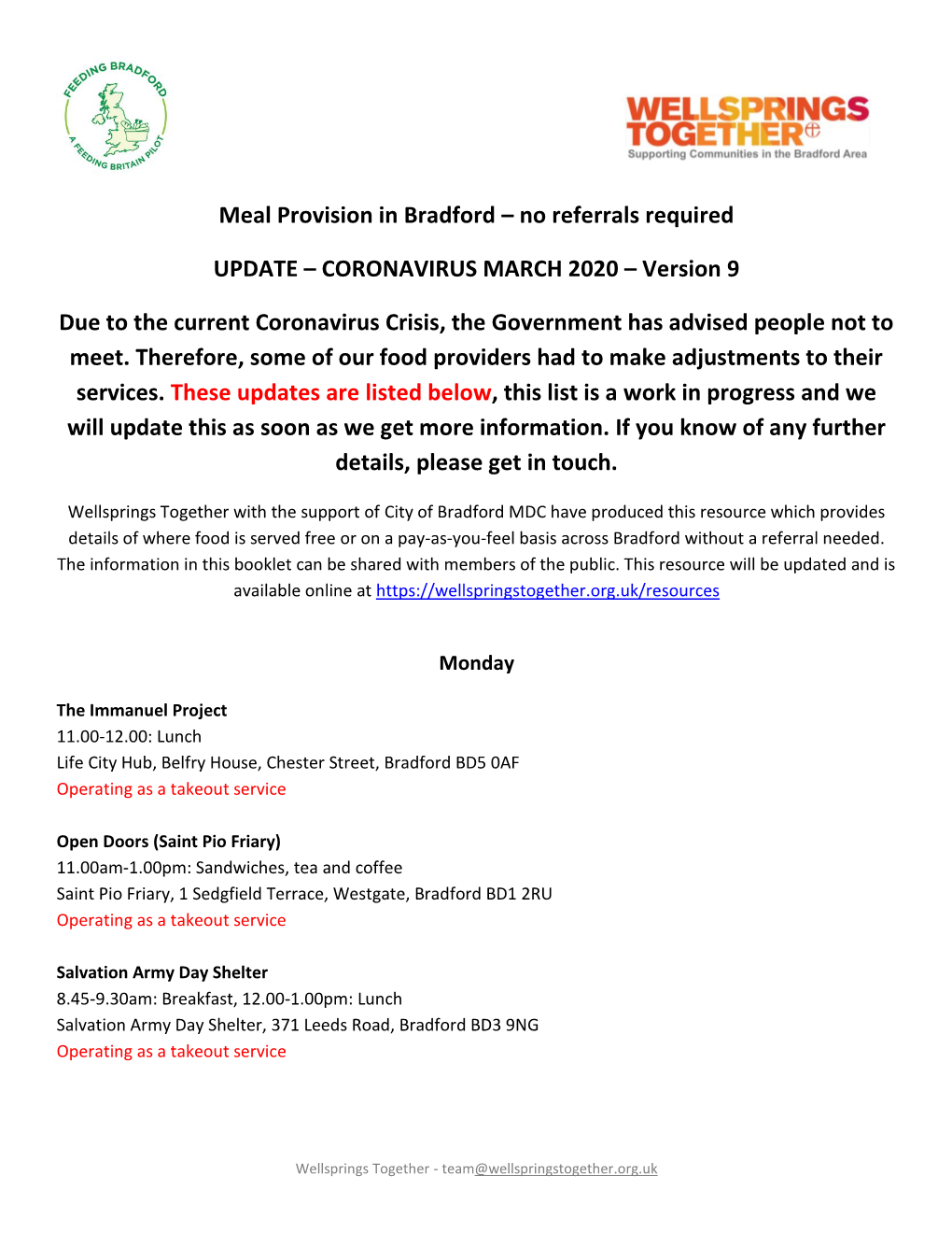 Meal Provision in Bradford – No Referrals Required UPDATE – CORONAVIRUS MARCH 2020 – Version 9 Due to the Current Coronavi
