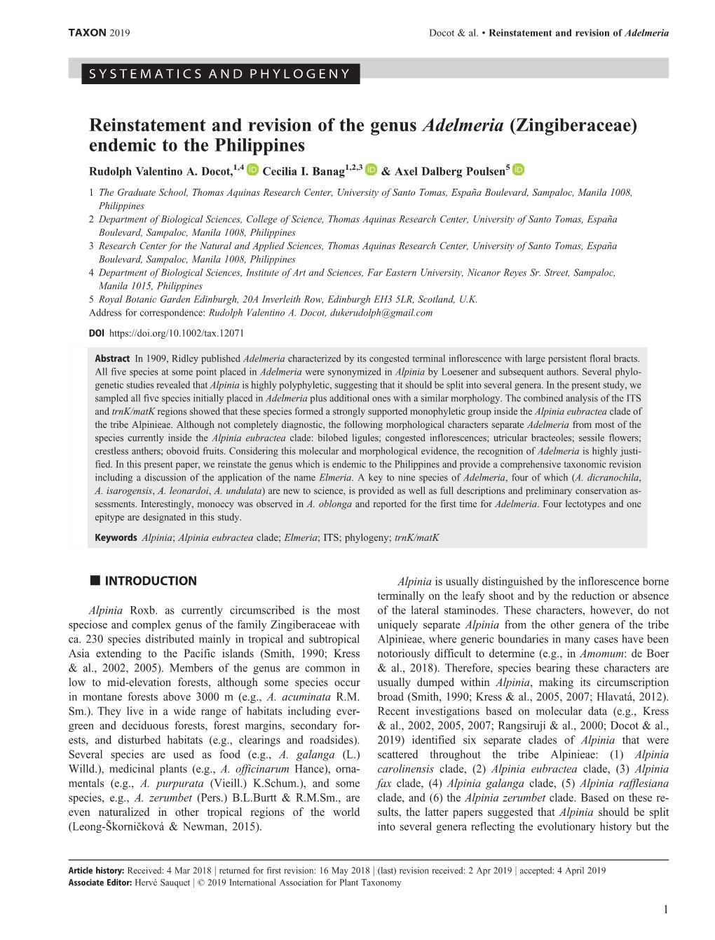 Reinstatement and Revision of the Genus Adelmeria (Zingiberaceae) Endemic to the Philippines Rudolph Valentino A