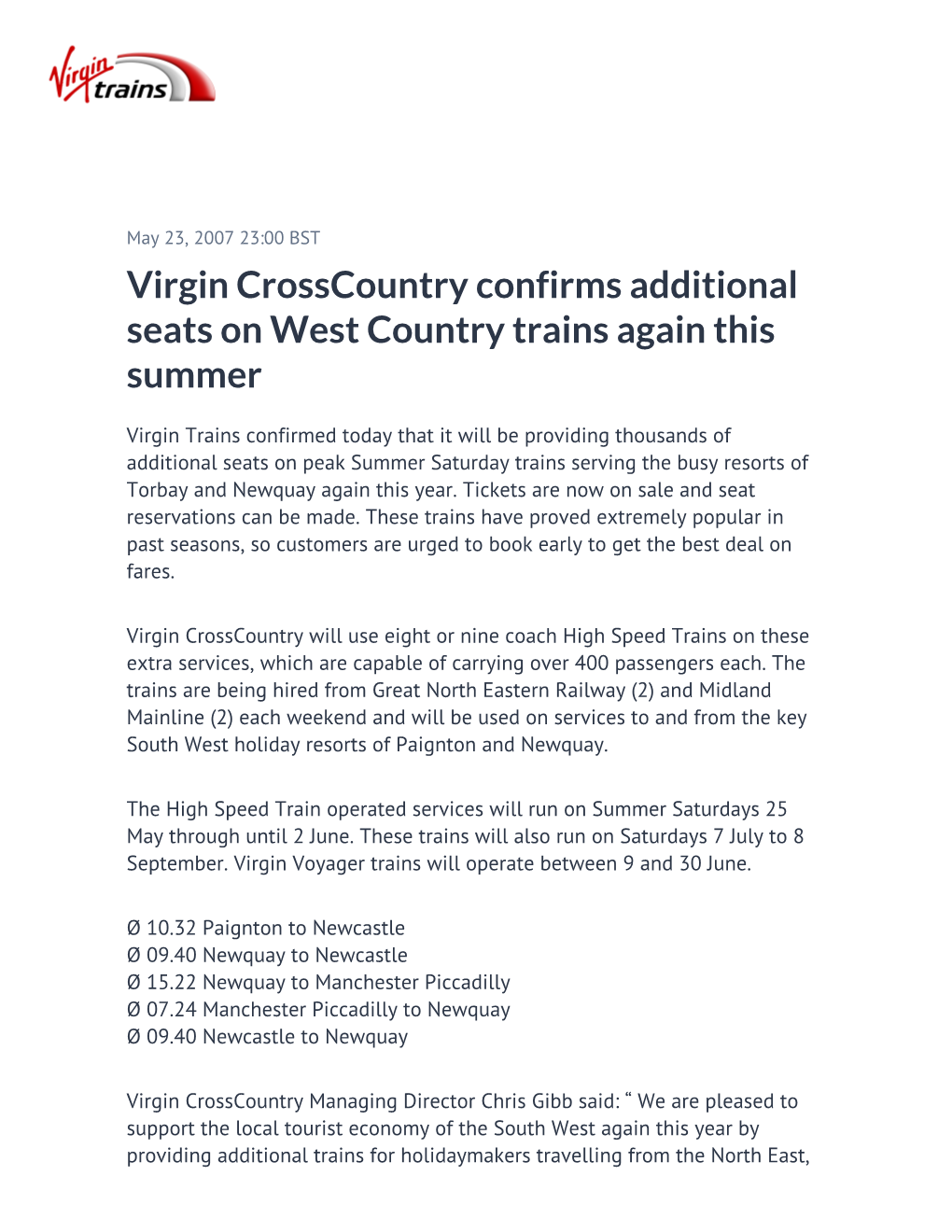 Virgin Crosscountry Confirms Additional Seats on West Country Trains Again This Summer