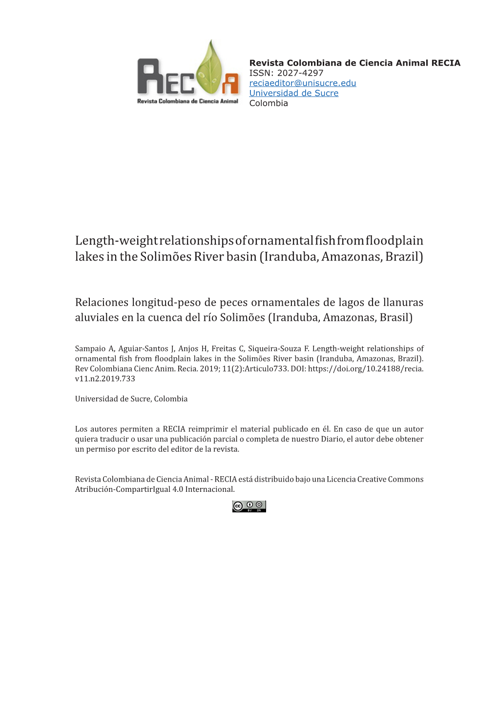 Length-Weight Relationships of Ornamental Fish from Floodplain Lakes in the Solimões River Basin (Iranduba, Amazonas, Brazil)