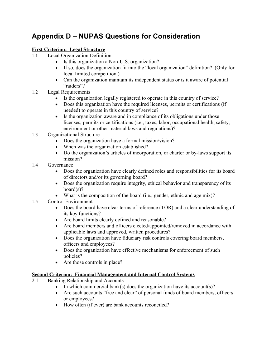 Appendix D NUPAS Questions for Consideration