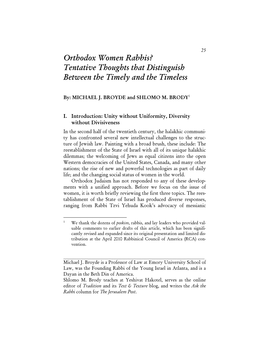 Orthodox Women Rabbis? Tentative Thoughts That Distinguish Between the Timely and the Timeless