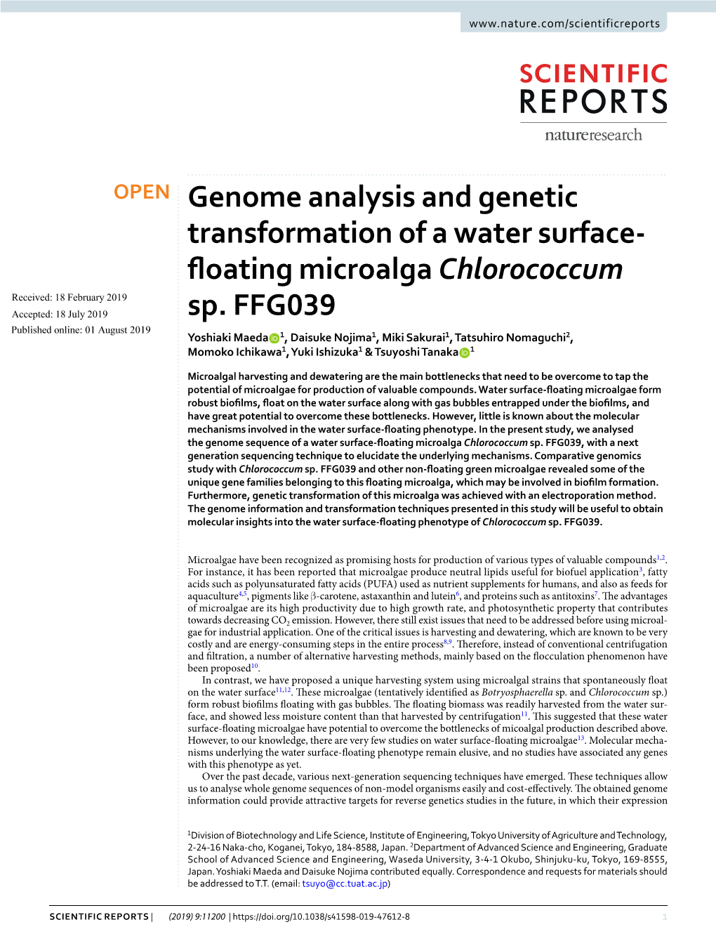 Genome Analysis and Genetic Transformation of a Water Surface-Floating Microalga Chlorococcum Sp. FFG039