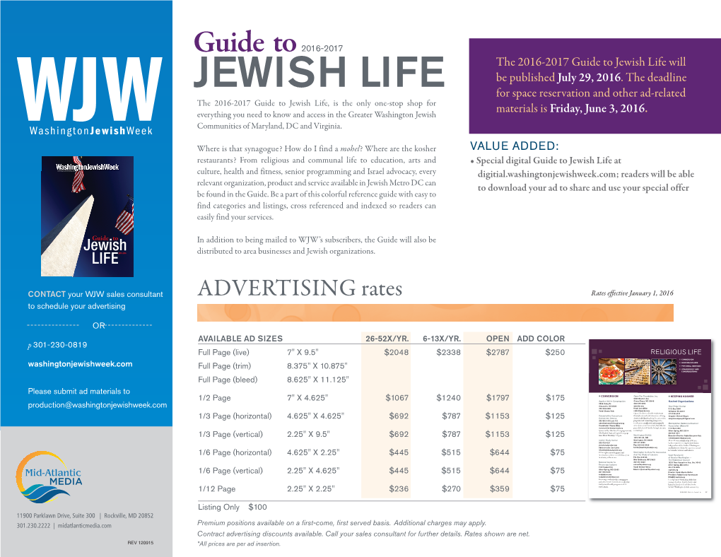 Jewish Life Will JEWISH LIFE Be Published July 29, 2016