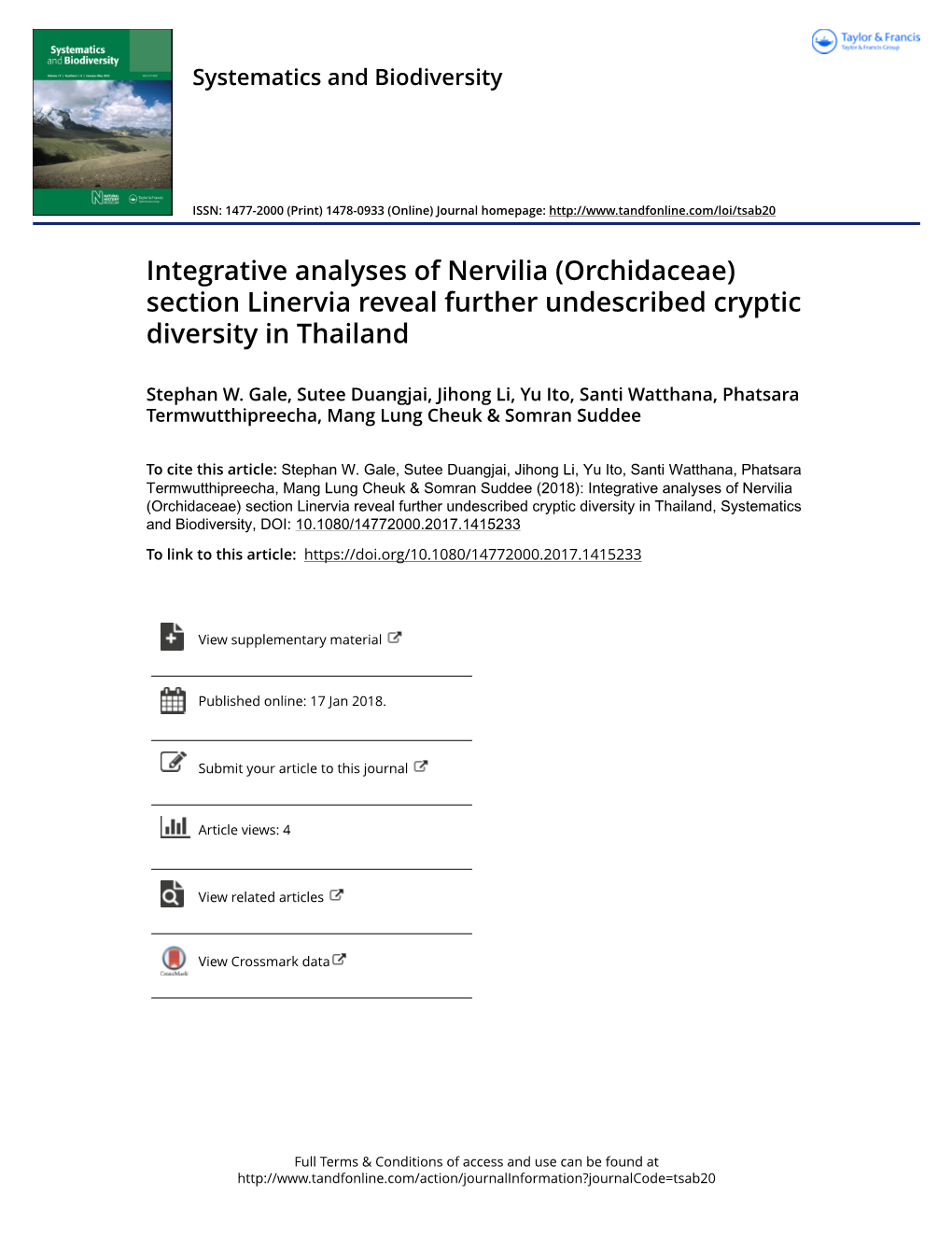 Integrative Analyses of Nervilia (Orchidaceae) Section Linervia Reveal Further Undescribed Cryptic Diversity in Thailand