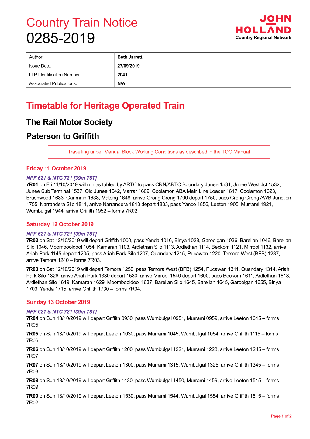 Country Train Notice 0285-2019 Country Regional Network