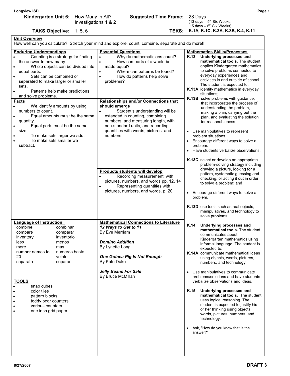 K Math Unit 6 Overview