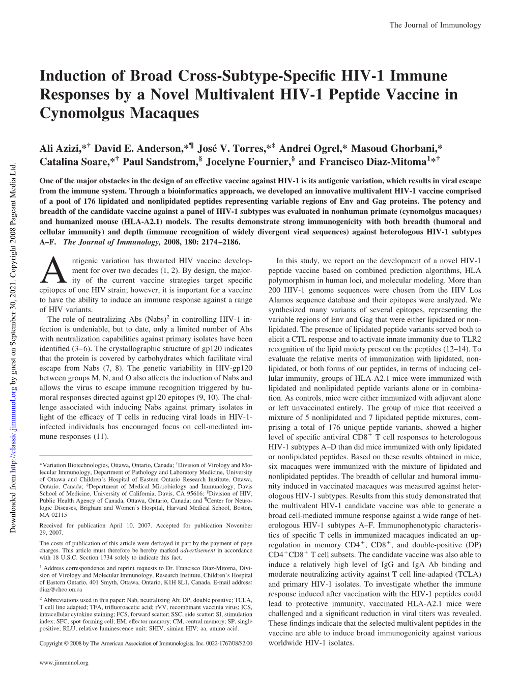 Cynomolgus Macaques Multivalent HIV-1 Peptide Vaccine in HIV-1