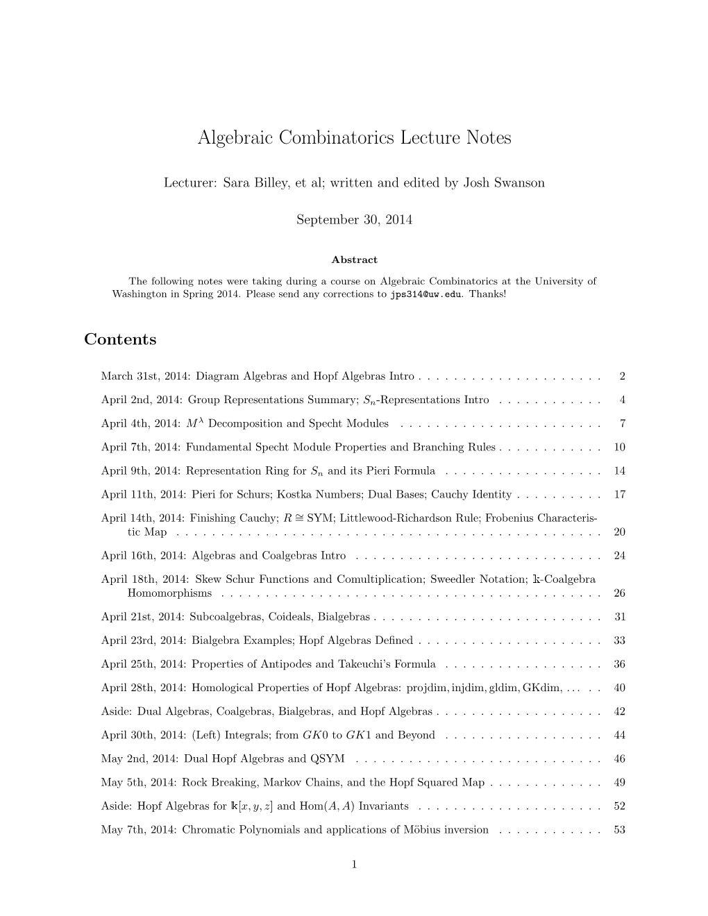 Algebraic Combinatorics Lecture Notes