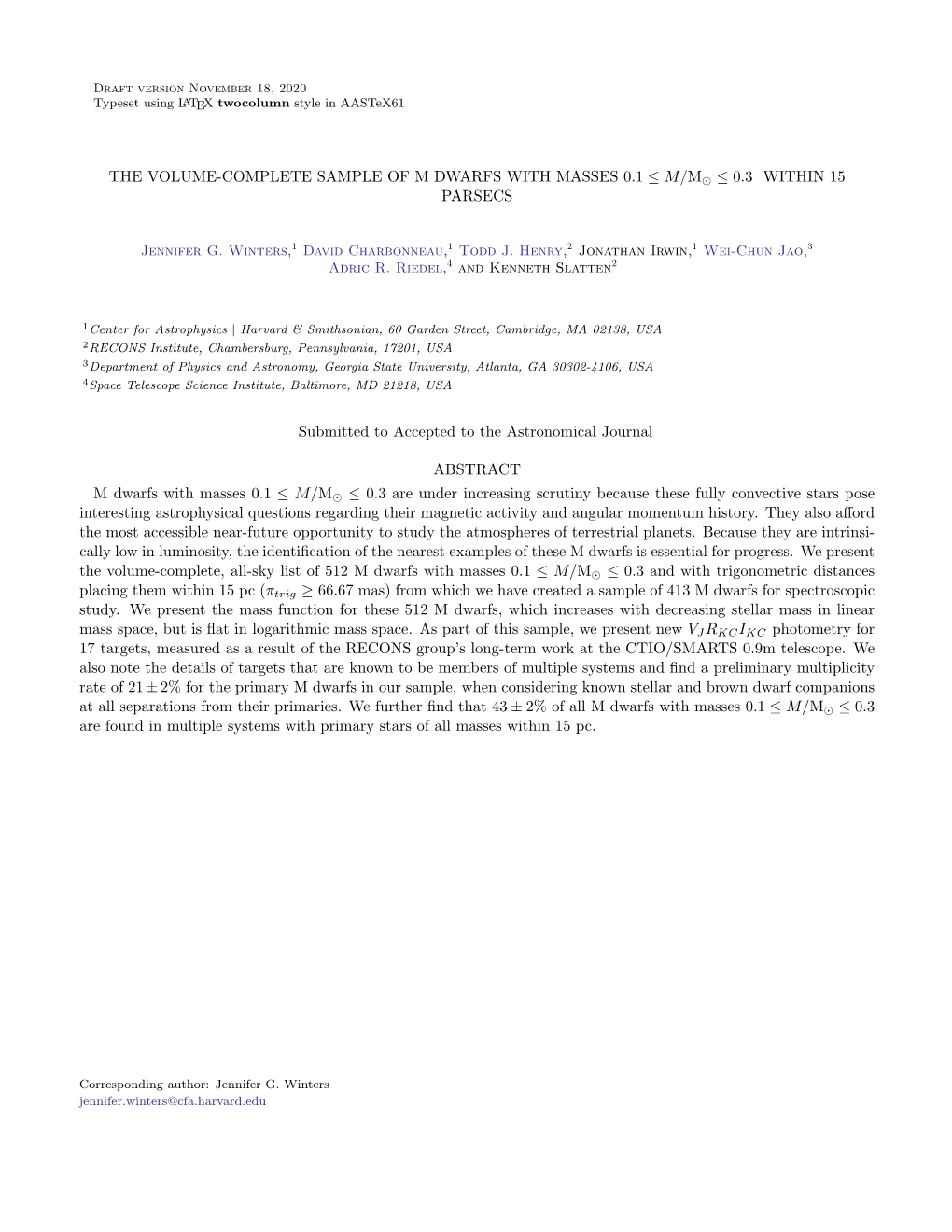 The Volume-Complete Sample of M Dwarfs with Masses 0.1-0.3 M Sol