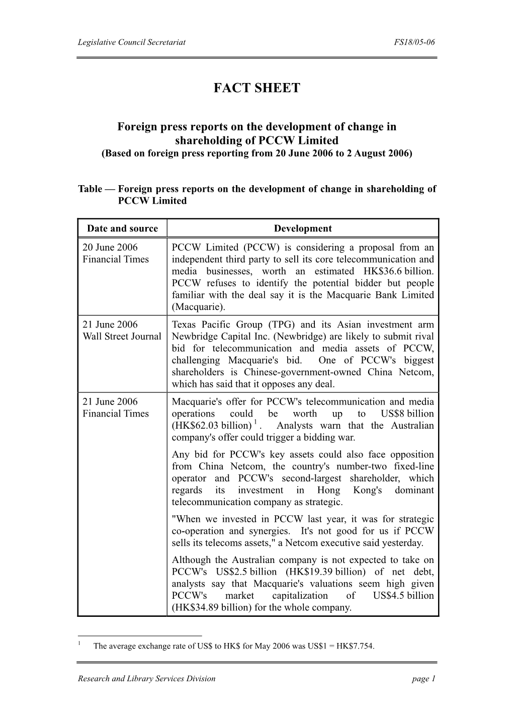 Fact Sheet on 'Foreign Press Reports on the Development of Change In