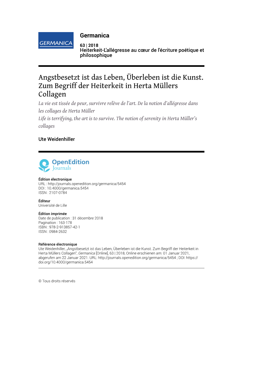 Angstbesetzt Ist Das Leben, Überleben Ist Die Kunst. Zum Begriff Der Heiterkeit in Herta Müllers Collagen La Vie Est Tissée De Peur, Survivre Relève De L’Art