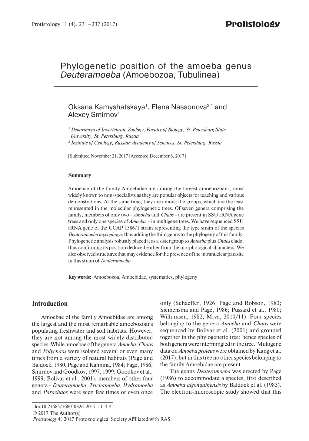 Protistology Phylogenetic Position of the Amoeba Genus Deuteramoeba