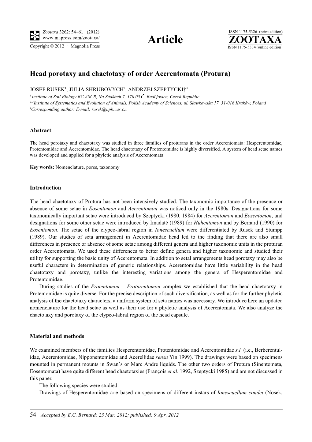 Head Porotaxy and Chaetotaxy of Order Acerentomata (Protura)