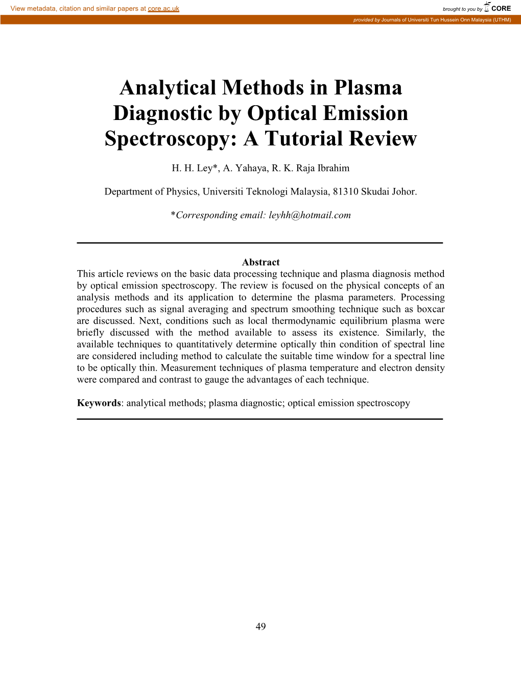 Analytical Methods in Plasma Diagnostic by Optical Emission Spectroscopy: a Tutorial Review