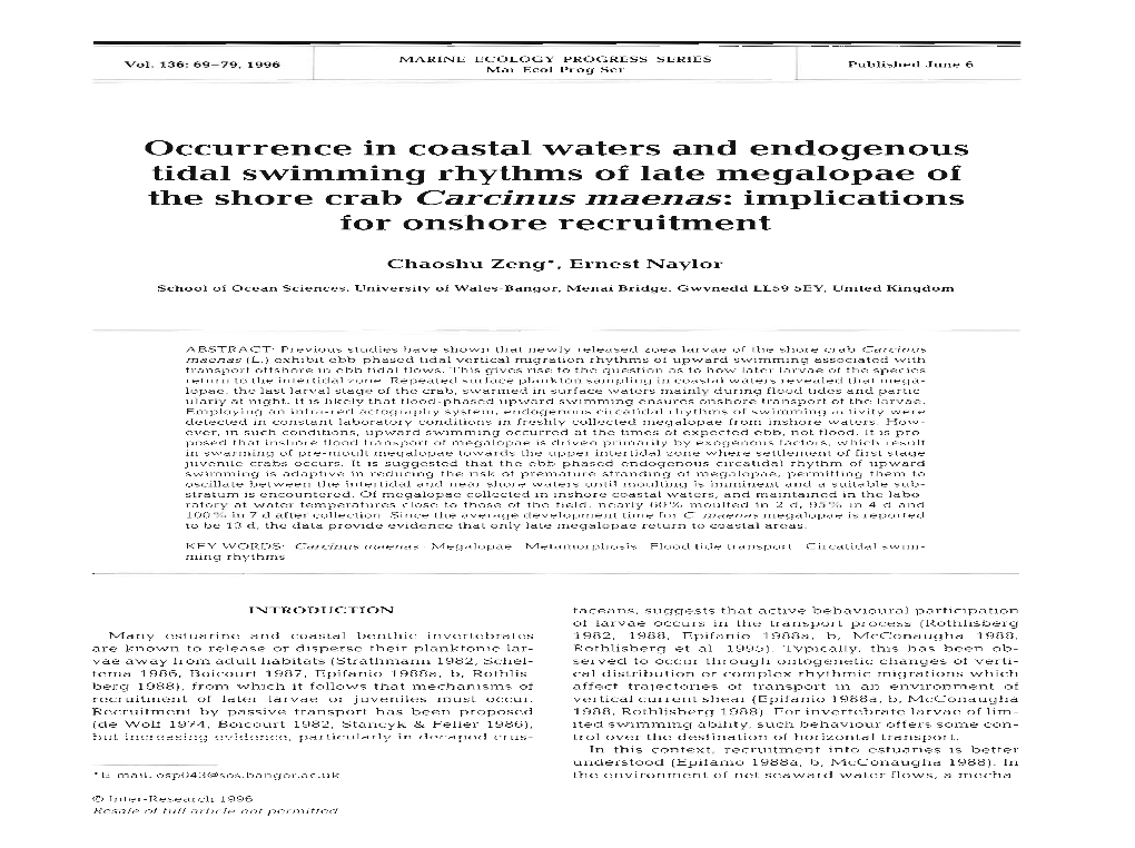 The Shore Crab Carcinus Maenas: Implications for Onshore Recruitment