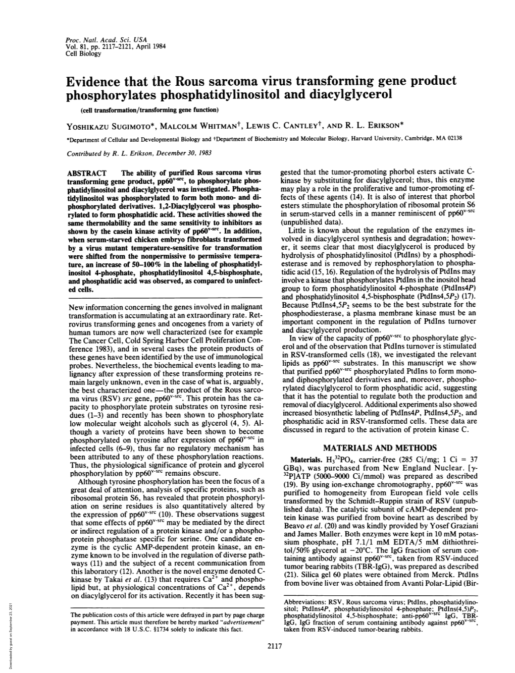 Phosphorylates Phosphatidylinositol and Diacylglycerol (Cell Transformation/Transforming Gene Function) YOSHIKAZU SUGIMOTO*, MALCOLM WHITMAN+, LEWIS C