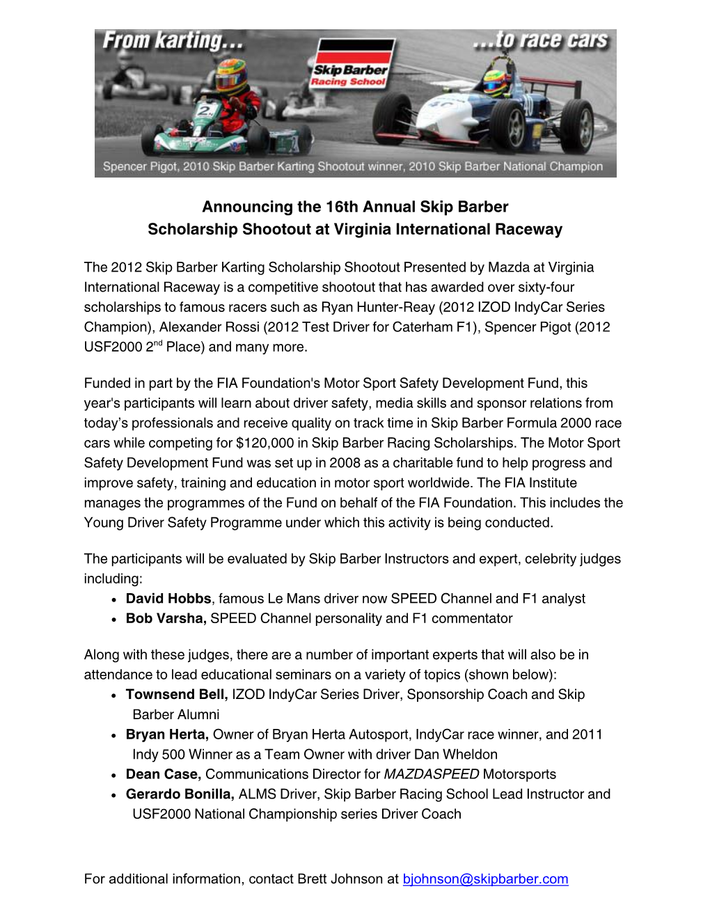 Announcing the 16Th Annual Skip Barber Scholarship Shootout at Virginia International Raceway