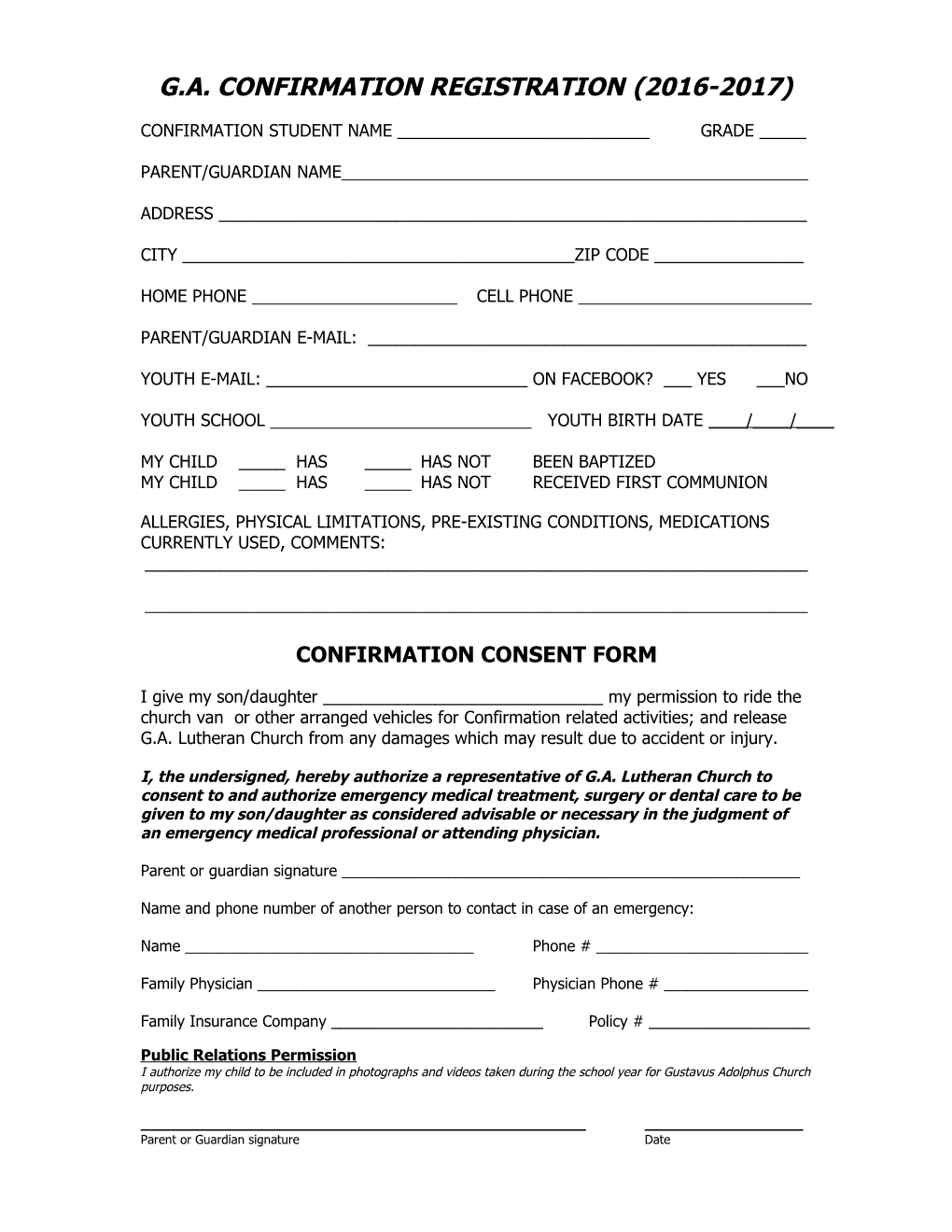 G.A. Confirmation Registration (2016-2017)