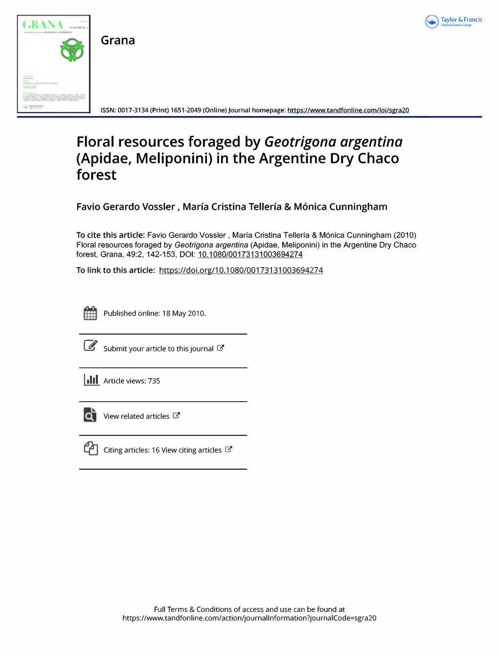 Floral Resources Foraged by Geotrigona Argentina (Apidae, Meliponini) in the Argentine Dry Chaco Forest
