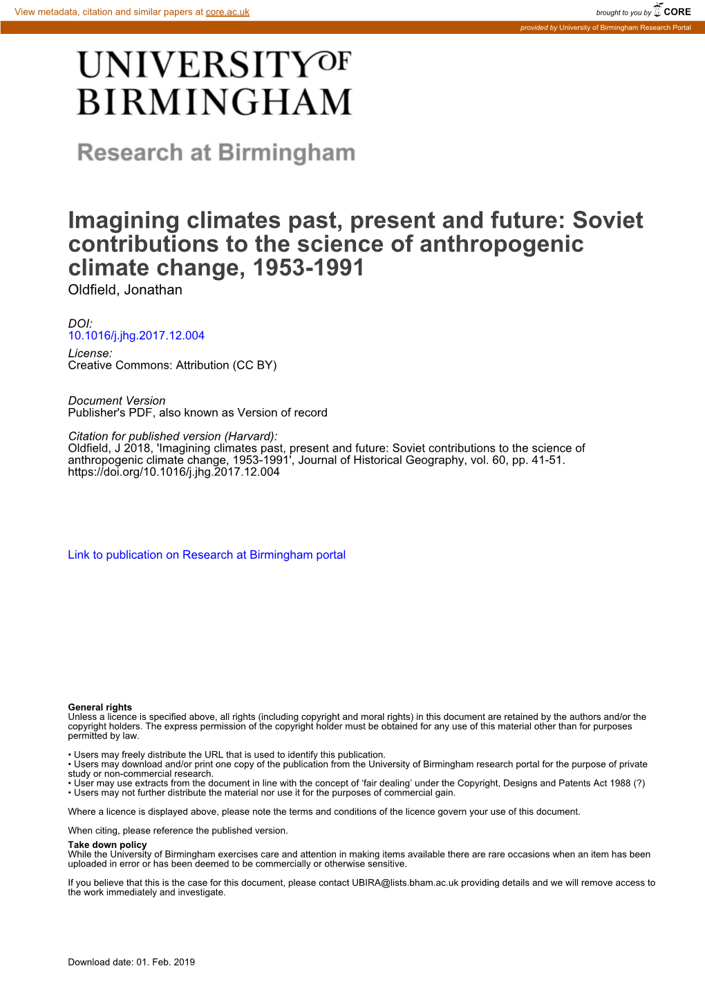 Soviet Contributions to the Science of Anthropogenic Climate Change, 1953-1991 Oldfield, Jonathan