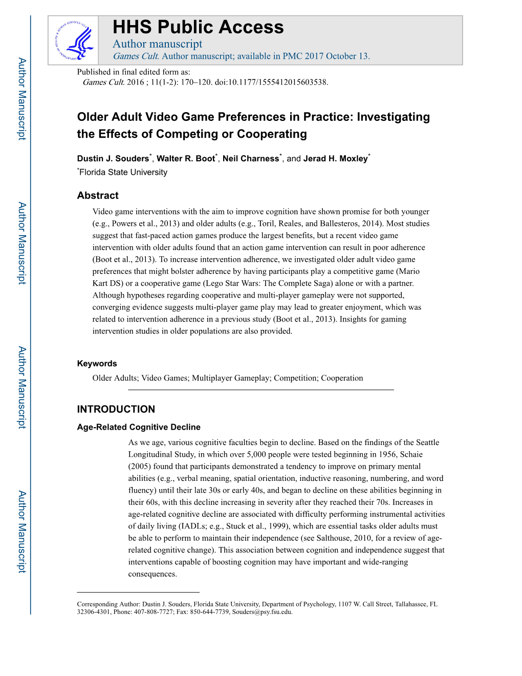 Older Adult Video Game Preferences in Practice: Investigating the Effects of Competing Or Cooperating