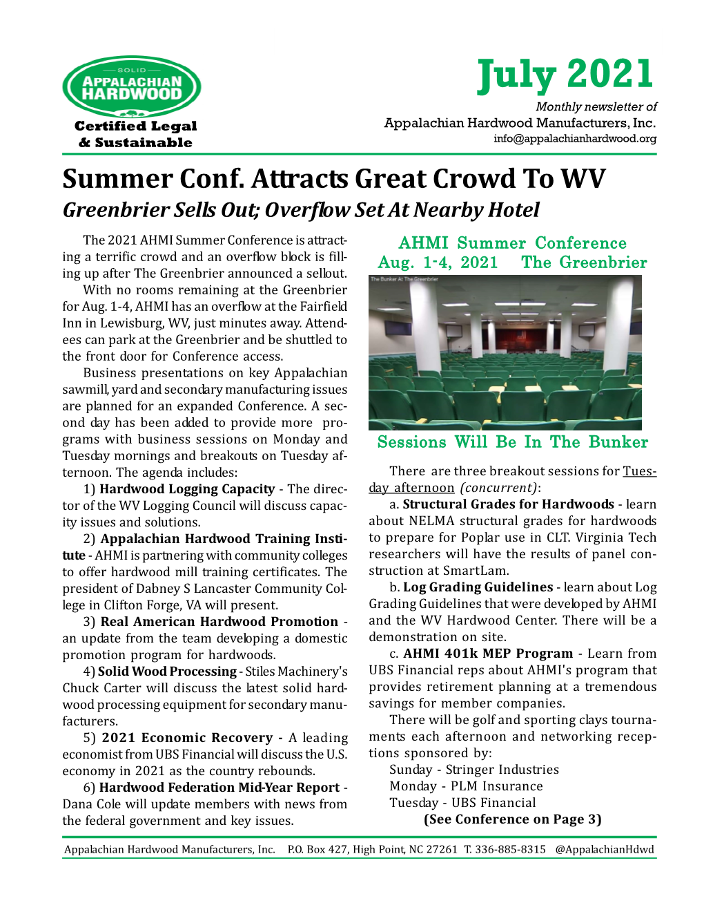 July 2021 Monthly Newsletter of Certified Legal Appalachian Hardwood Manufacturers, Inc