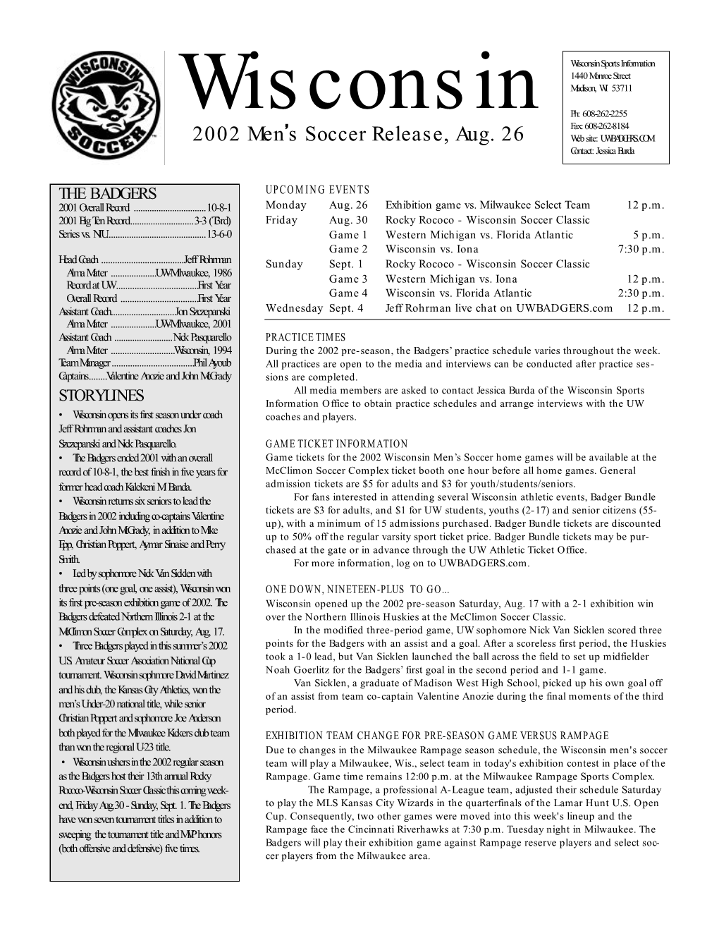 2002 Men's Soccer Release, Aug. 26