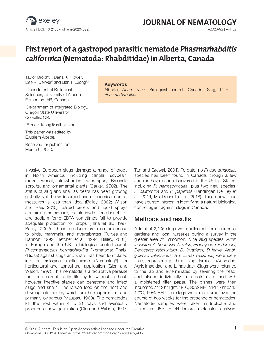 First Report of a Gastropod Parasitic Nematode Phasmarhabditis Californica (Nematoda: Rhabditidae) in Alberta, Canada