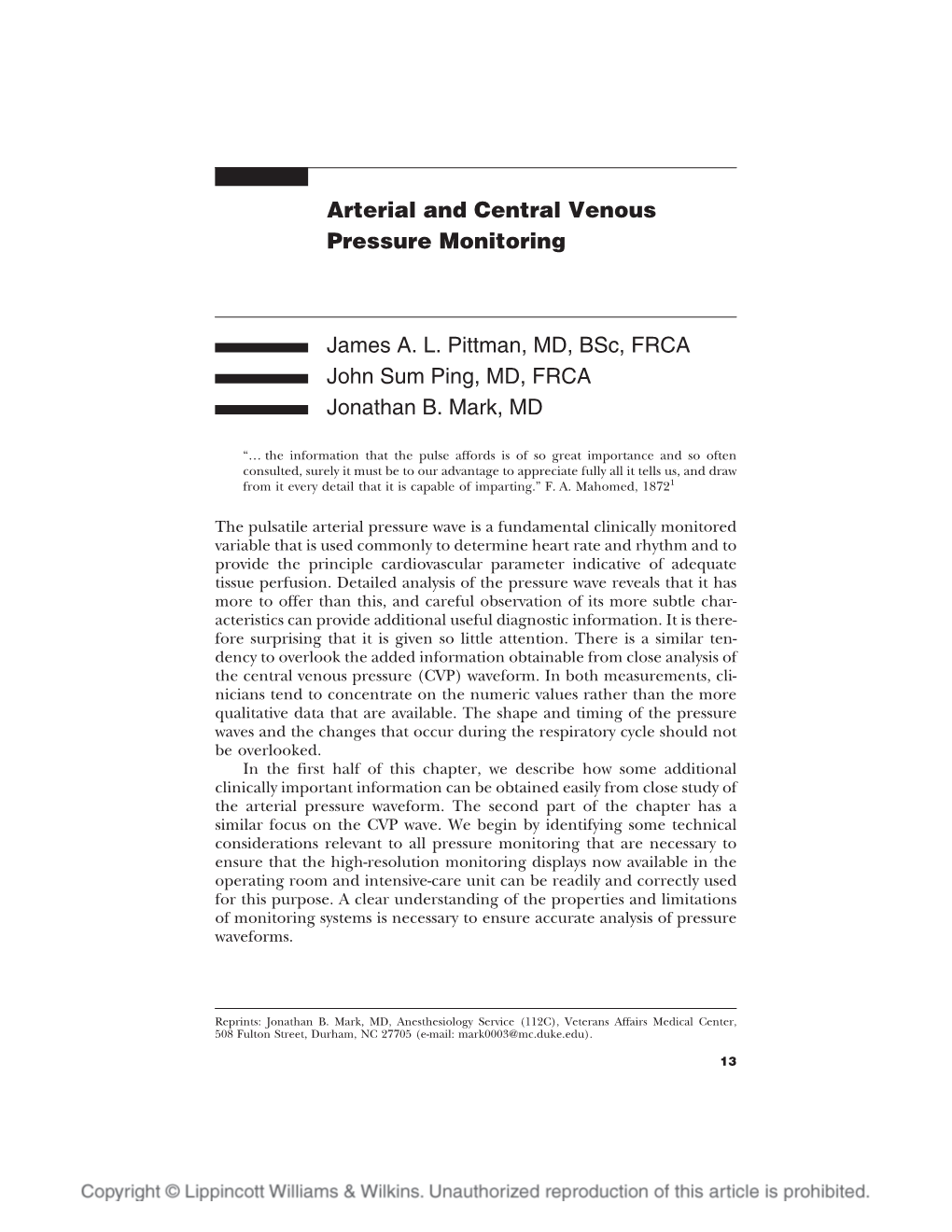 Arterial and Central Venous Pressure Monitoring