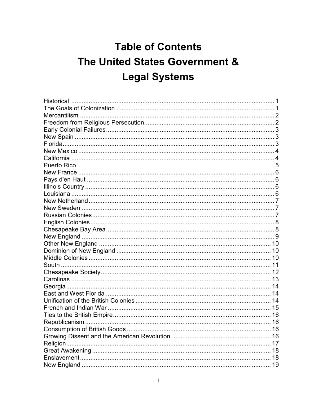 Table of Contents the United States Government & Legal Systems