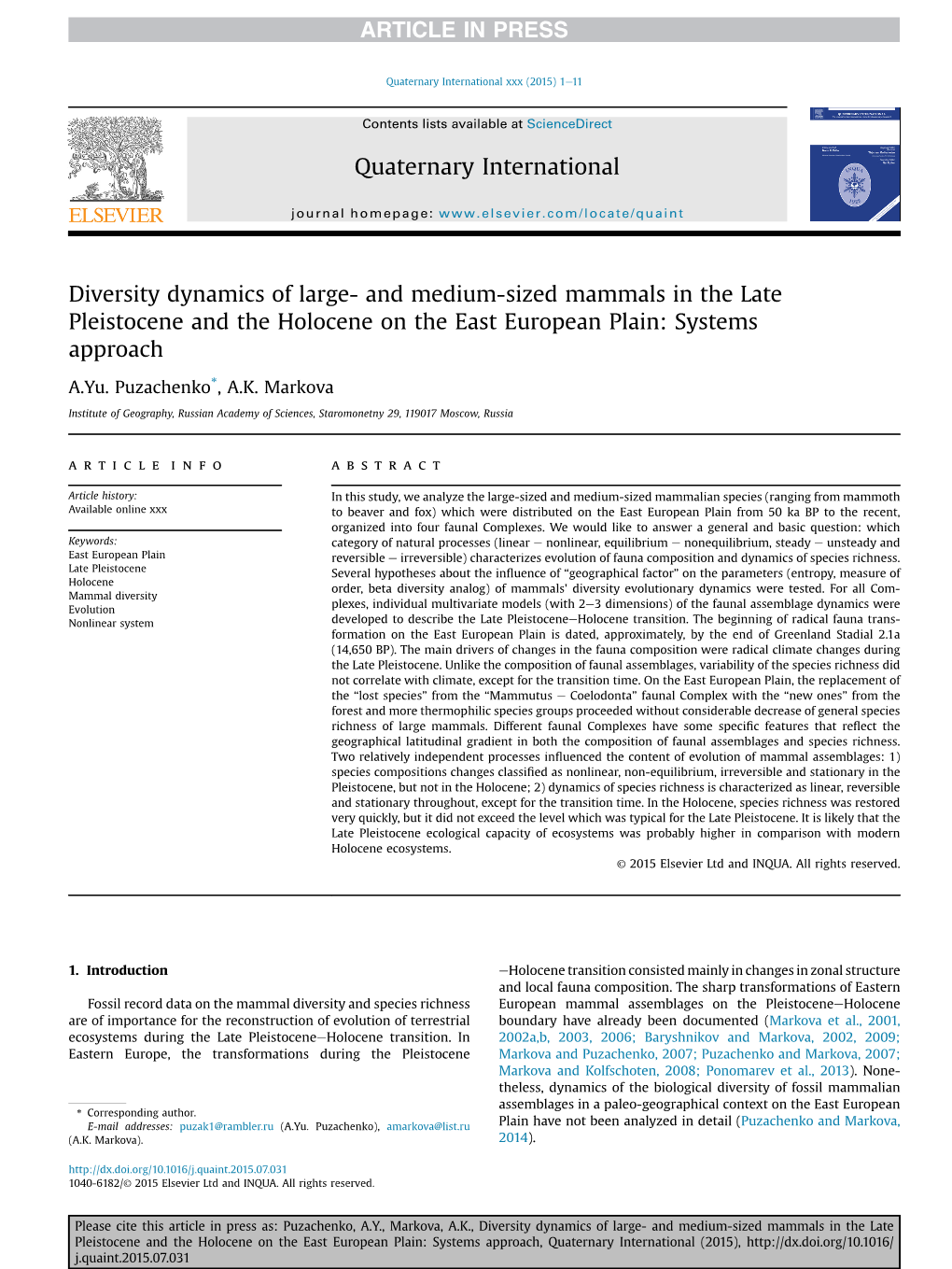 And Medium-Sized Mammals in the Late Pleistocene and the Holocene on the East European Plain: Systems Approach