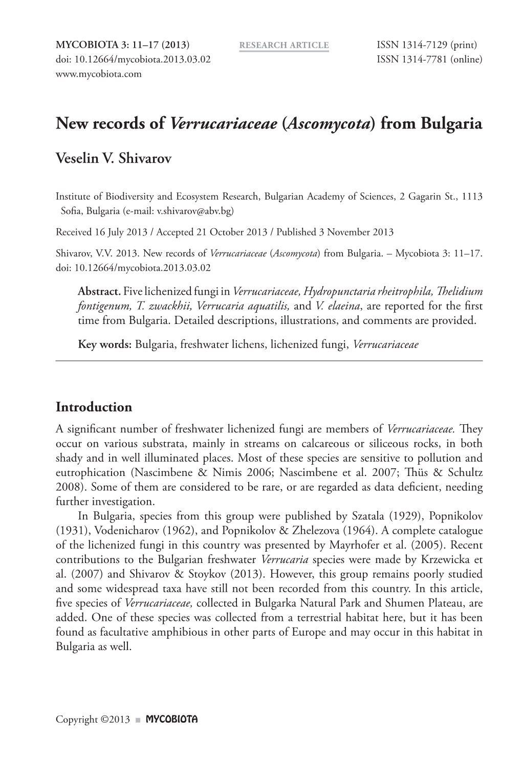 New Records of Verrucariaceae (Ascomycota) from Bulgaria