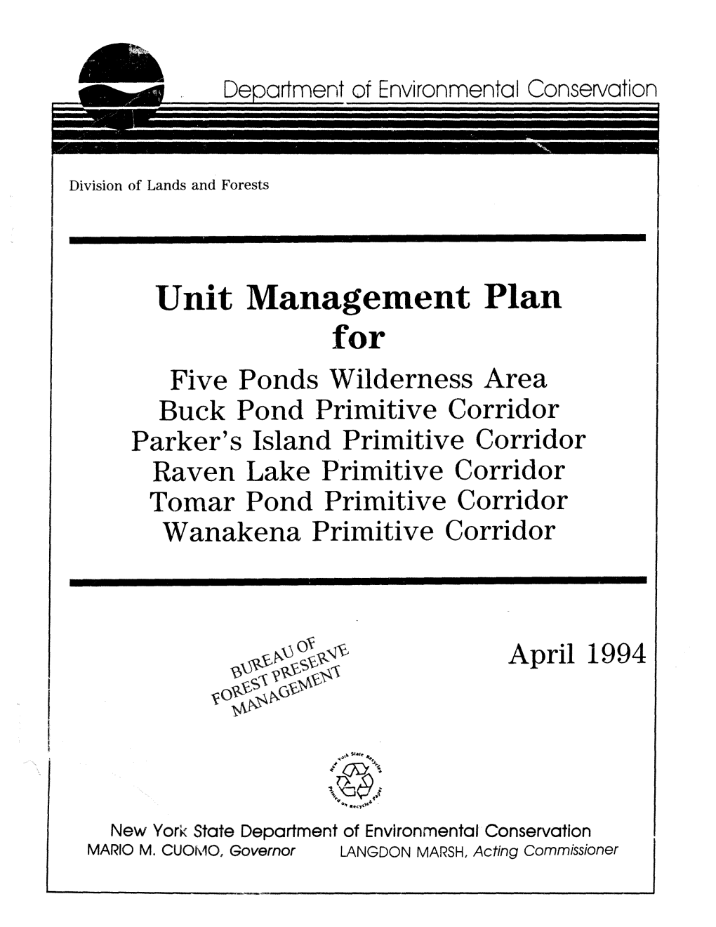 Five Ponds Wilderness Area Unit Management Plan