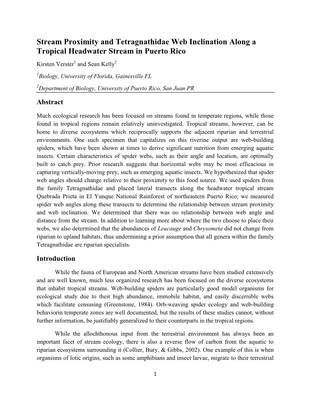 Stream Proximity and Tetragnathidae Web Inclination Along a Tropical