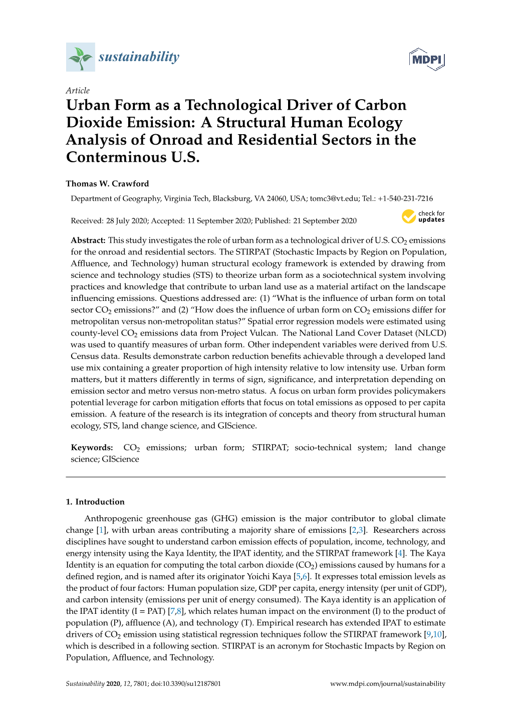 Urban Form As a Technological Driver of Carbon Dioxide Emission: a Structural Human Ecology Analysis of Onroad and Residential Sectors in the Conterminous U.S
