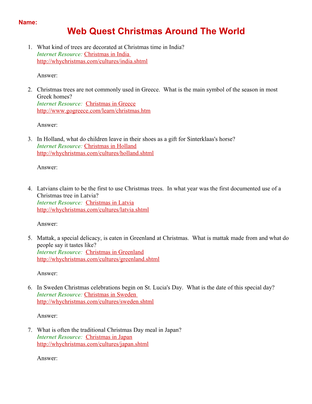 Web Quest Christmas Around the World