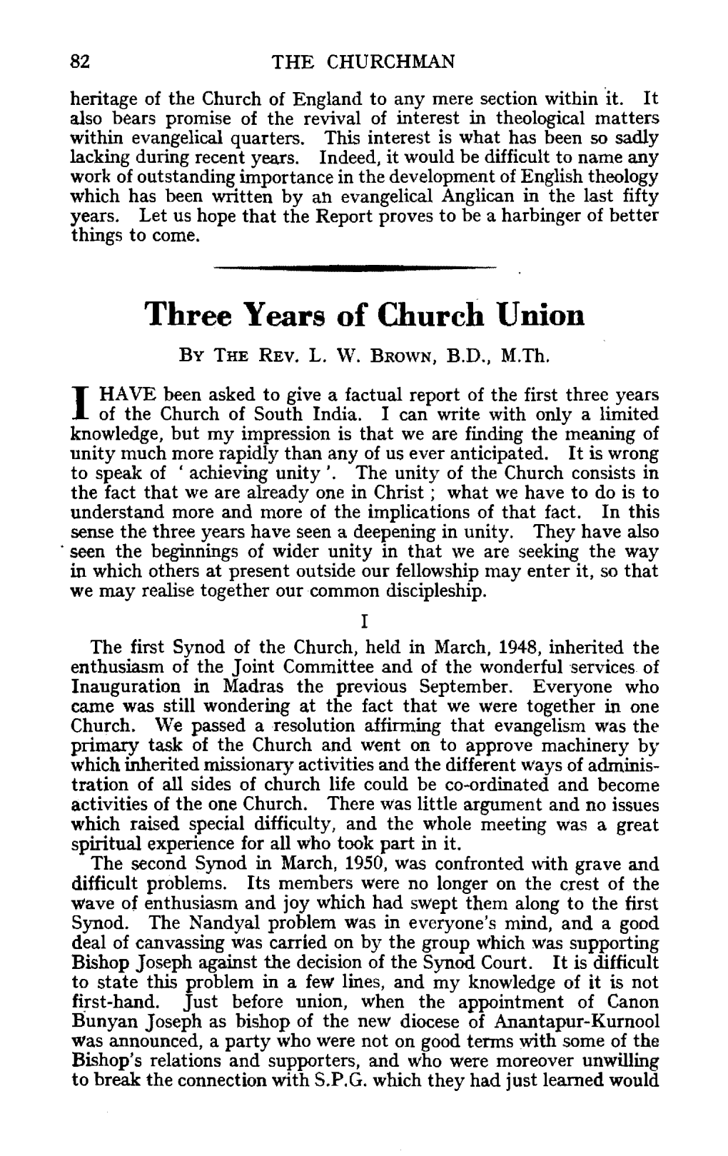 Three Years of Church Union by the REV