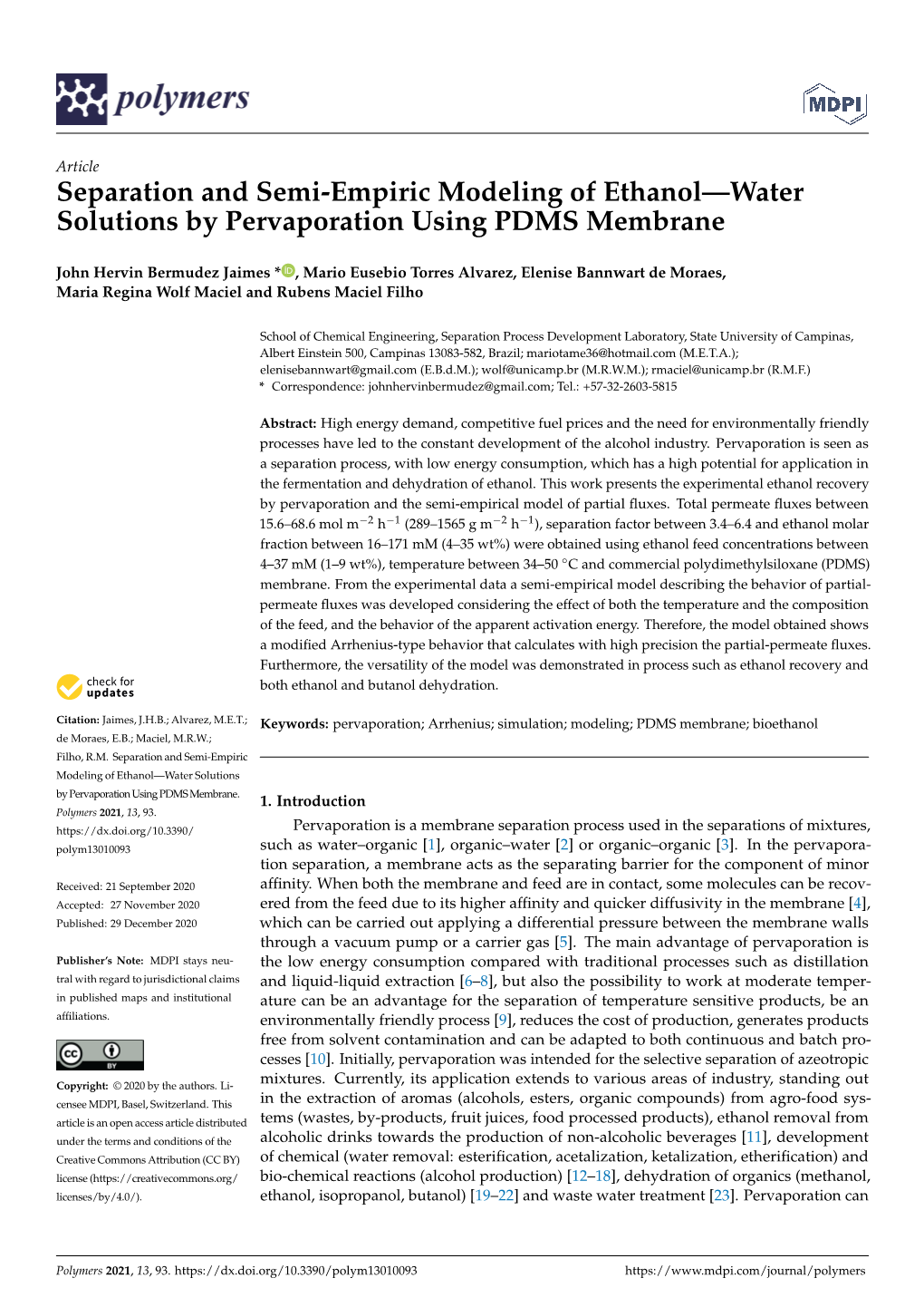 Separation and Semi-Empiric Modeling of Ethanol—Water Solutions by Pervaporation Using PDMS Membrane