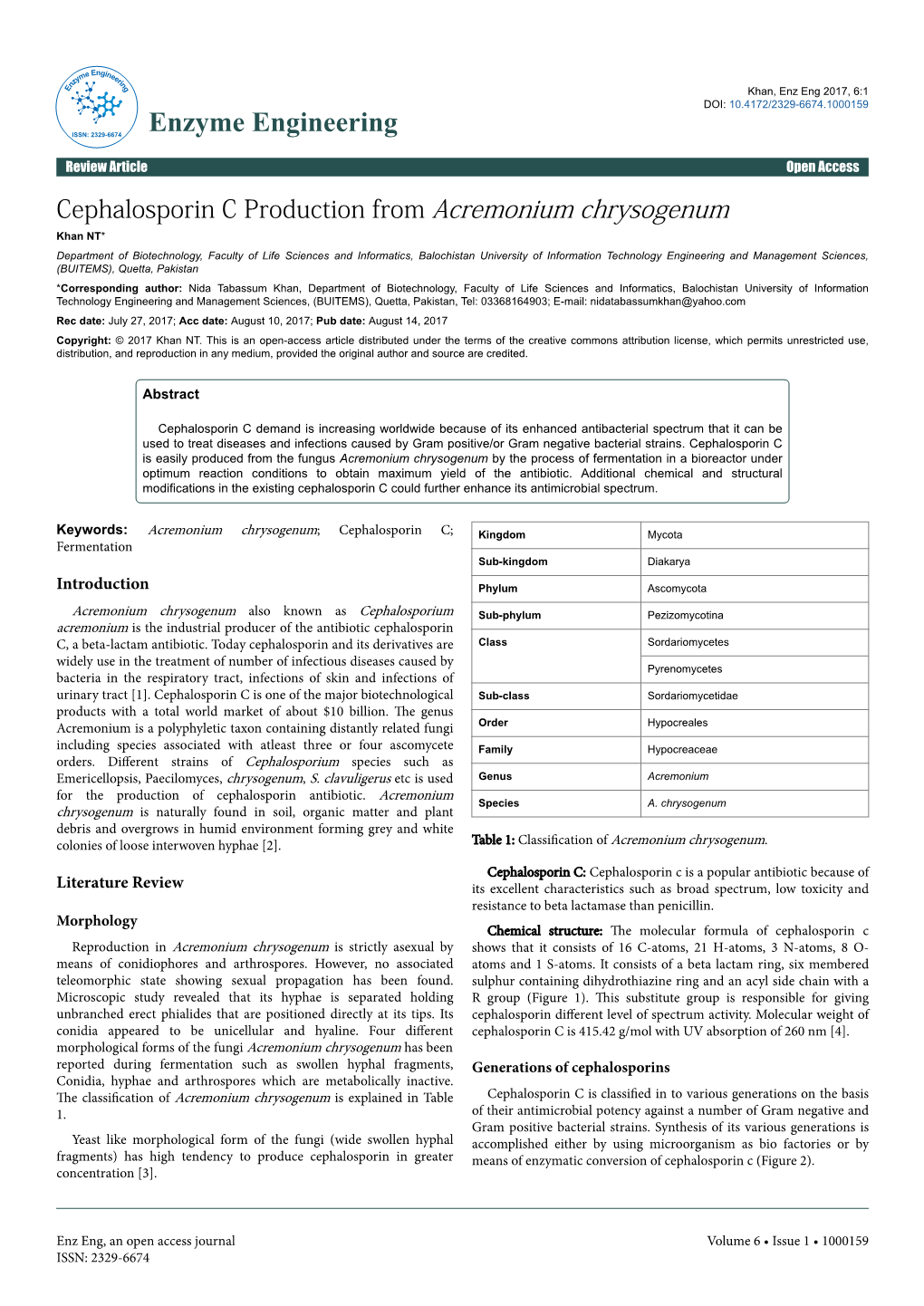 Cephalosporin C Production from Acremonium Chrysogenum