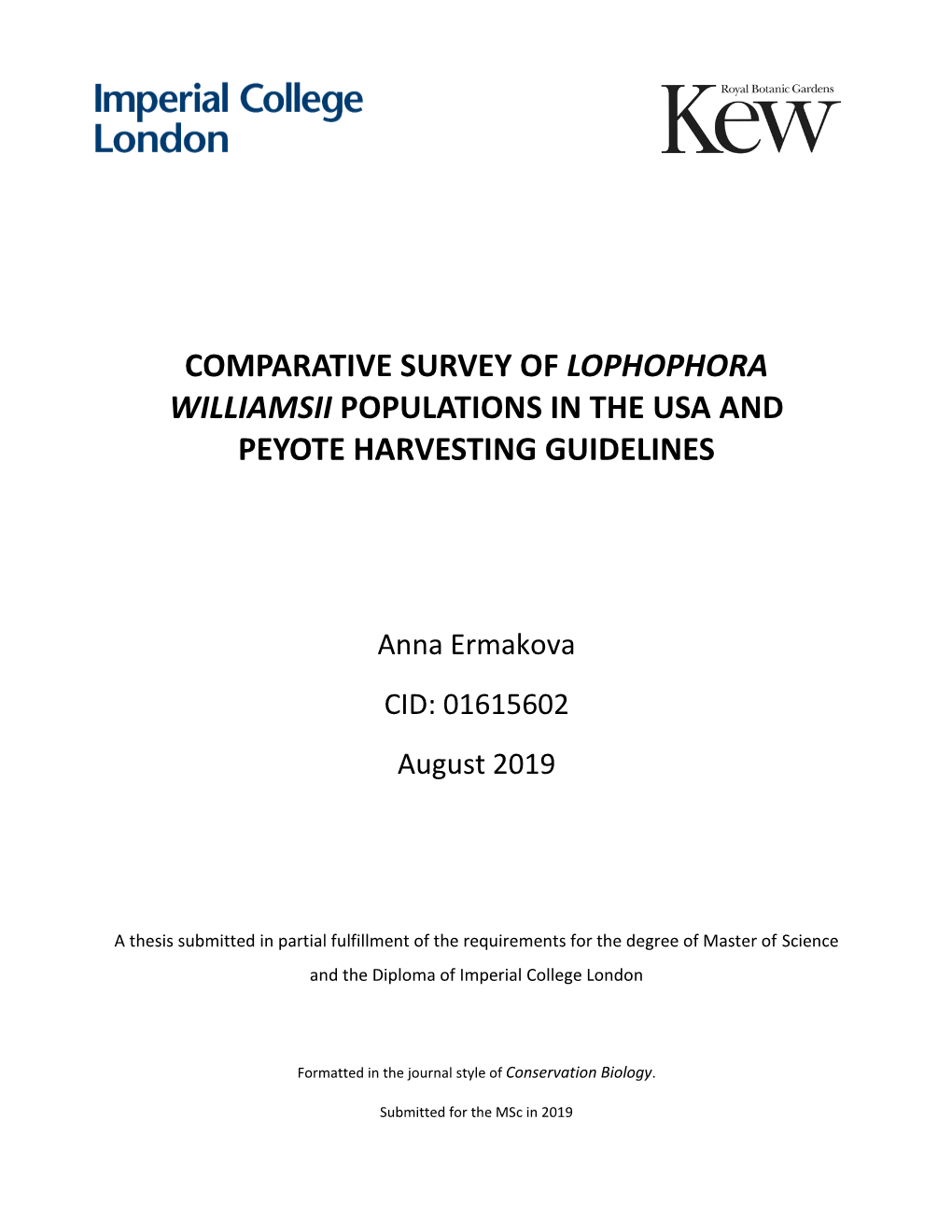 Comparative Survey of Lophophora Williamsii Populations in the Usa and Peyote Harvesting Guidelines