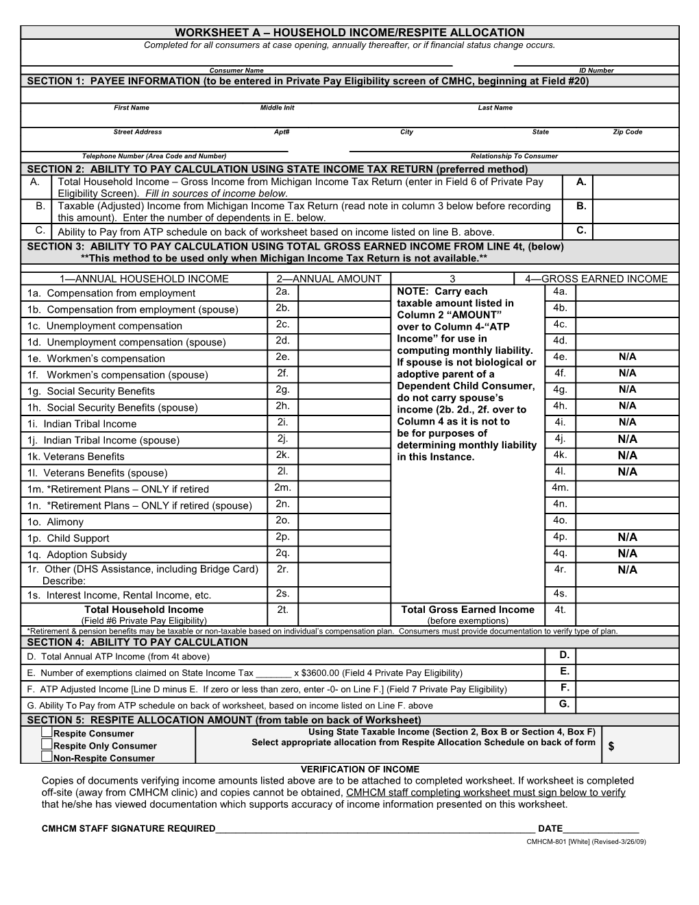 Worksheet a Household Income/ Respite Allocation