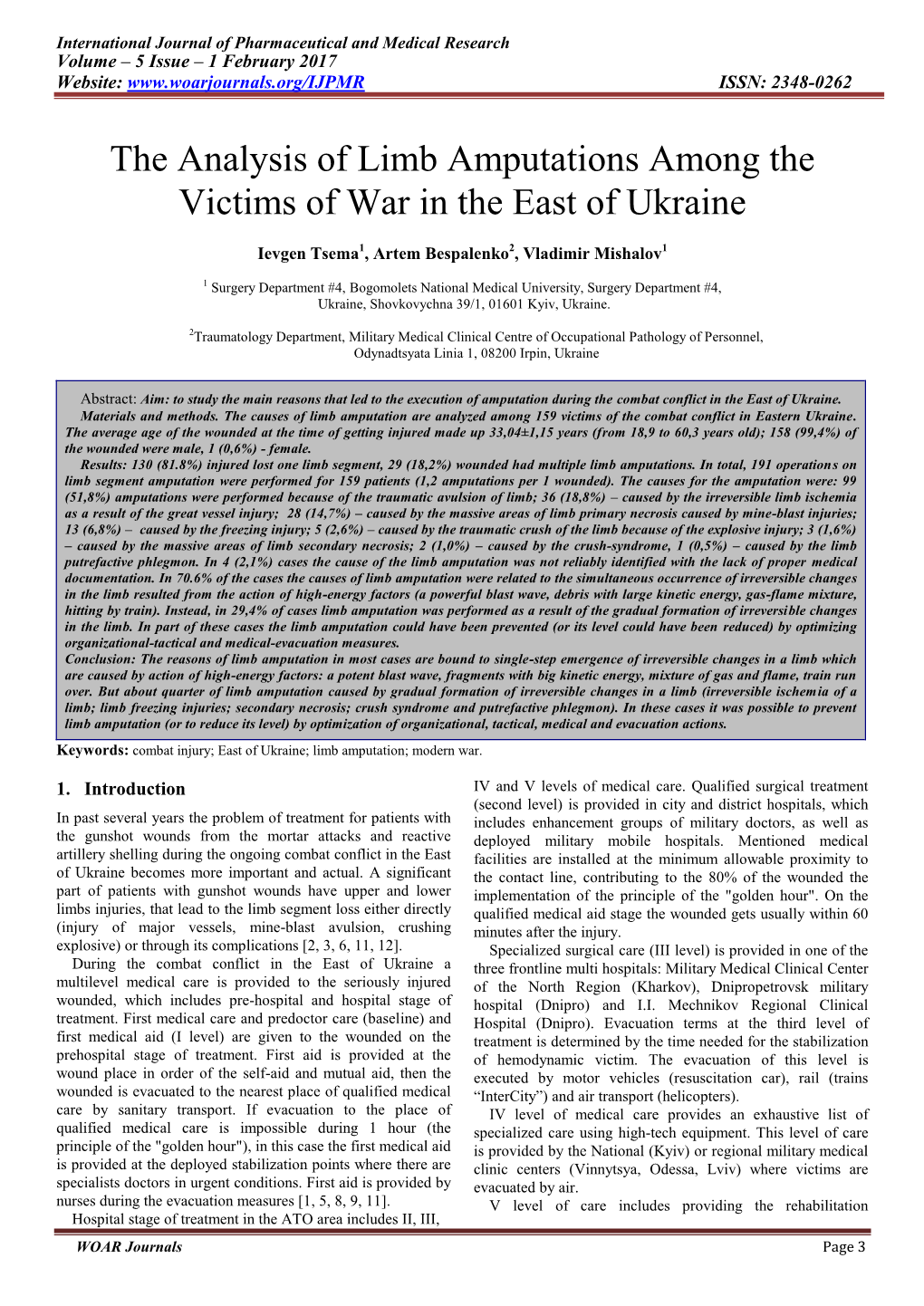 The Analysis of Limb Amputations Among the Victims of War in the East of Ukraine